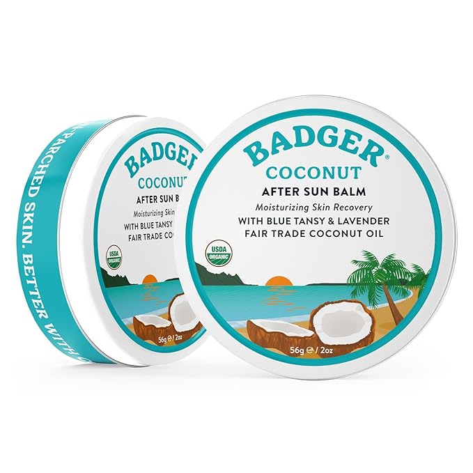 Badger Coconut After Sun with Organic Cocoa Butter & Shea Butter, Rescue Balm, Soothing & Cooling Balm for Tight Dry Skin After Sun Exposure, 2 oz