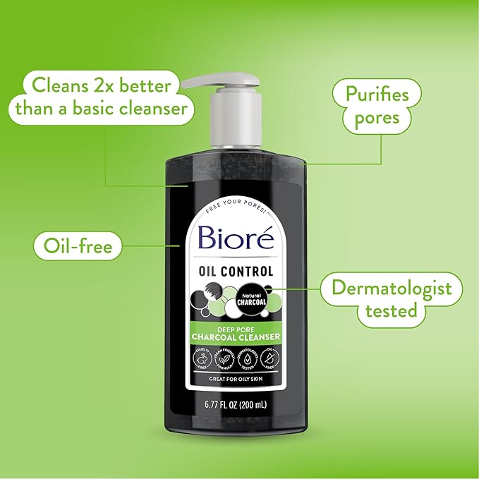 Bioré Deep Pore Charcoal Face Wash, Daily Facial Cleanser for Dirt & Makeup Removal, for Oily Skin, 6.77 Oz, Pack of 3