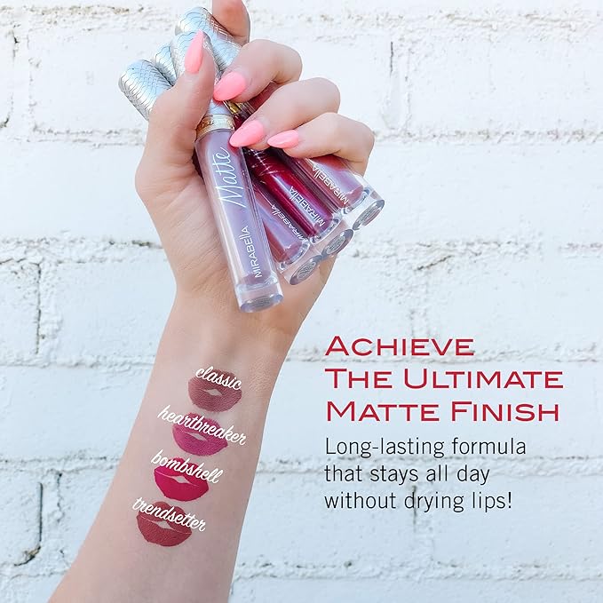 Mirabella Luxe Advanced Formula Matte Lip Gloss, Richly Pigmented Long-Wear and Full-Coverage Liquid Lipstick, Matte Lipstick for Women Stays Put and Won't Dry or Crack Lips, Heartbreaker