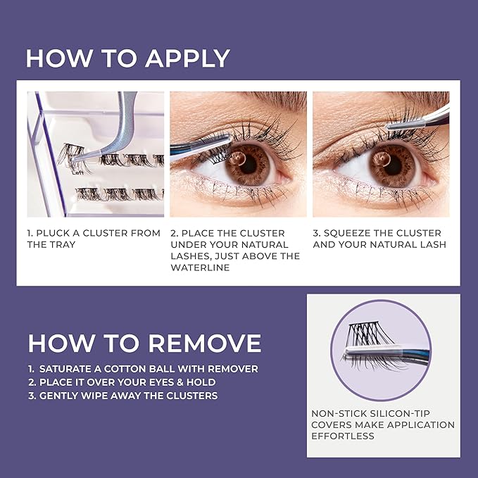 KISS imPRESS Falsies Long Lasting Self Adhesive Eyelashes, ‘Demi Edgy’, 5 Day Extended Wear, 24 Natural Volume Lash Clusters (5,6,8,10,12, & 14mm), Precision Non-Stick Applicator