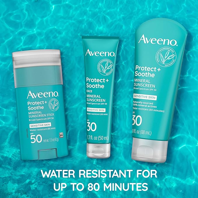 Aveeno Protect + Soothe Mineral Sunscreen Stick for Sensitive Skin, SPF 50, Water-Resistant for 80 minutes, Face & Body Sunscreen with Zinc Oxide & Oat, Fragrance-Free, Travel Size, 1.5 OZ