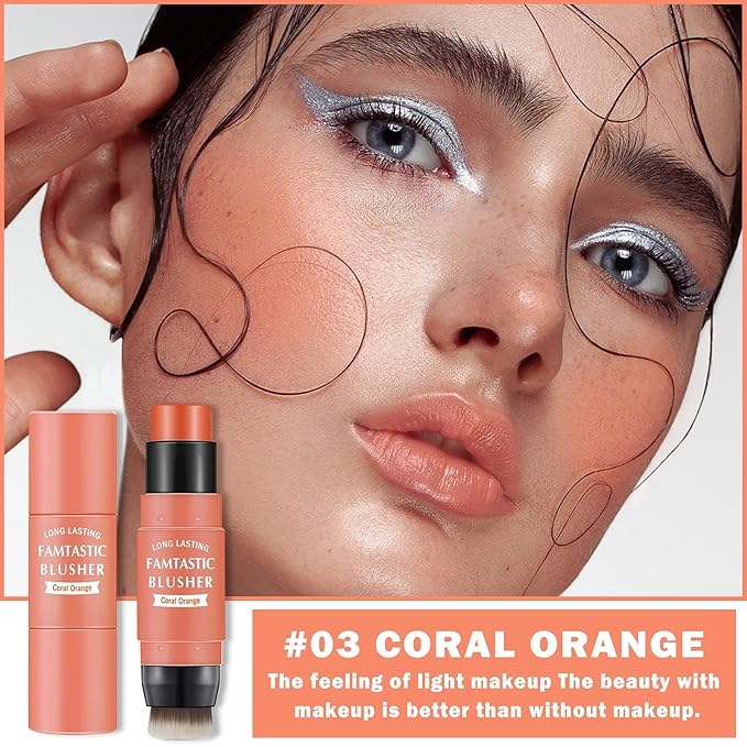 Cream Blush Stick with Brush,Waterproof Blush Makeup,Long Lasting Coral Orange