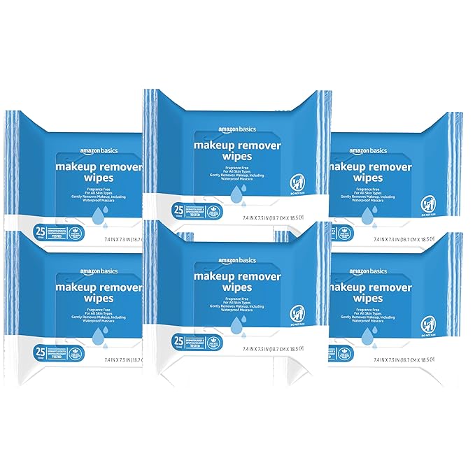 Amazon Basics Make Up Remover Wipes, Fragrance Free, 25 Count, Pack of 6 (Previously Solimo)