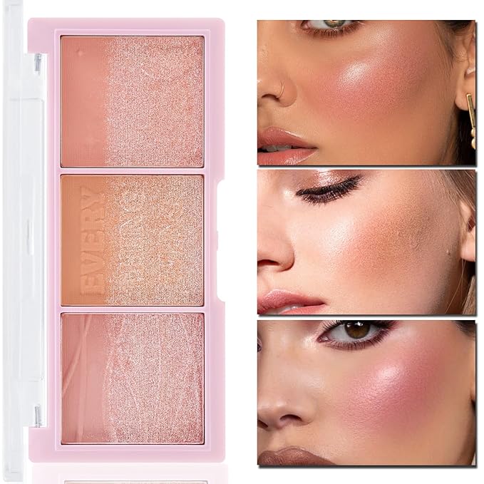 3 Colors Blush Palette，Blush Powder for Cheeks Makeup，Glitter