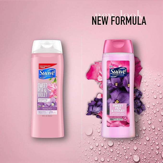 Suave Moisturizing Body Wash, with Sweet Pea Violet and Vitamin E Extract, No Parabens, No Phtahaltes, 18 Fl Oz (Pack of 6)