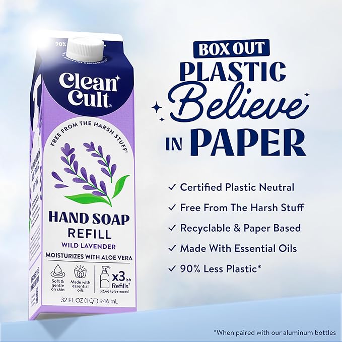 Cleancult Liquid Hand Soap Refill - Wild Lavender - Moisturizes Dry & Sensitive Skin - Made with Aloe Vera & Lavender Essential Oils - Eco Friendly - Paper-Based Packaging - 32 oz/1 Pack