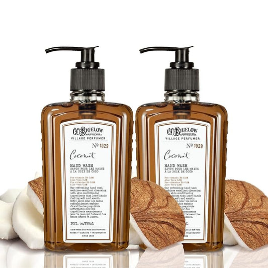 C.O. Bigelow Hand Wash, Coconut, No. 1529 - Village Perfumer Moisturizing Hand Wash for Bathroom & Kitchen with Aloe Vera, 10 fl oz, Pack of 2