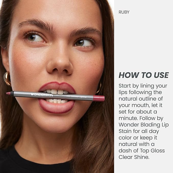 Wonderskin Lip Liner Pencil - 360 Contour Lipliner, Long Lasting, Sharpenable, Waterproof and Transfer-Proof Nude Lip Liner Pencil (Ruby)