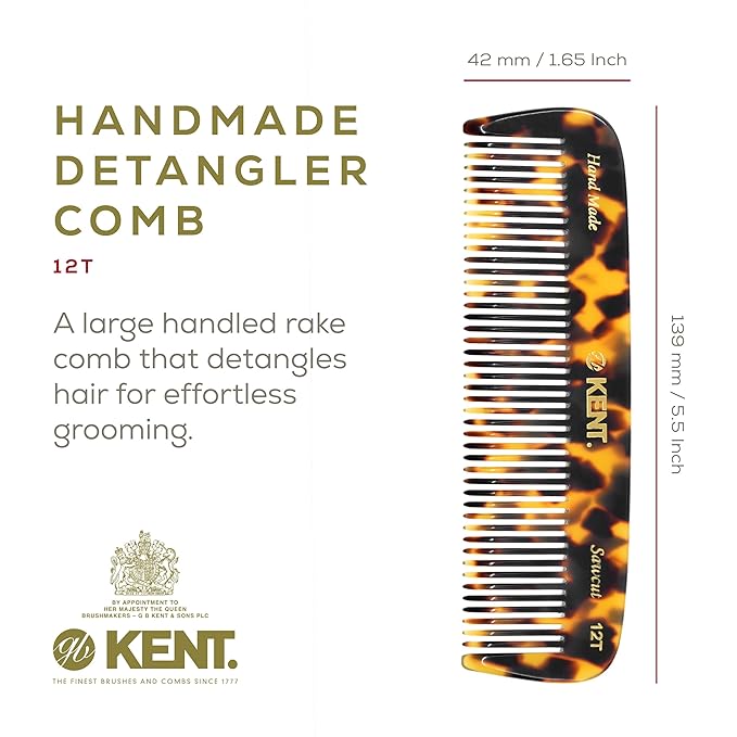 Kent 12T TY Wide Tooth Detangling Comb - 5.5" Handmade Pocket Comb for Thick, Curly, and Wavy Hair, Large Tooth Grooming Comb for Hair, Beard, and Mustache - Saw-Cut and Hand Polished