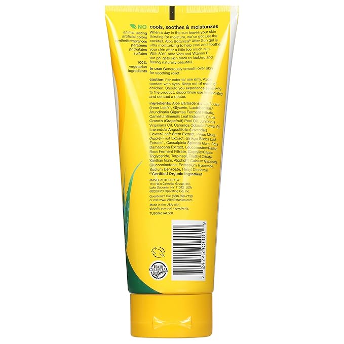 Alba Botanica Aloe Vera Gel for Skin, Cooling After Sun Treatment for Face and Body, Made with Purity Certified 80% Aloe Vera Gel Formula, 8 fl. oz. Tube (Pack of 2)