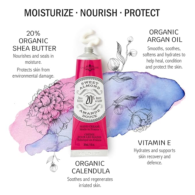 La Chatelaine 20% Shea Butter Hand Cream Travel Size, Organic Argan Oil, Moisturizing, Nourishing, Repairing, Extra-Rich Hand Lotion, Made in France, Paraben Free, 1 oz / 30ml (Sweet Almond)