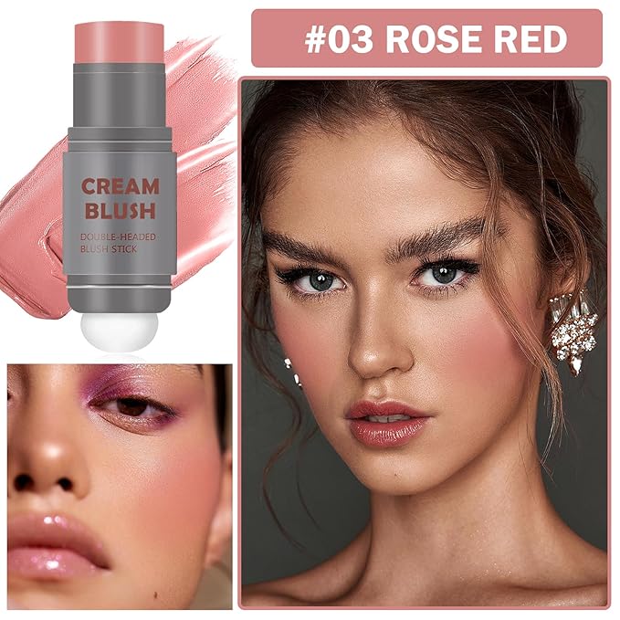 Cream Blush Stick with Sponge 3 in 1 Rose Red