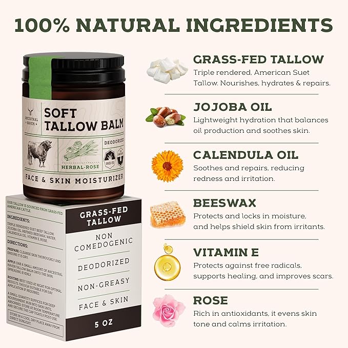 Beef Tallow for Skin - Beef Tallow For Face - Tallow Face Moisturizer - Beef Tallow Moisturizer - Tallow Balm - Grass Fed Beef Tallow For Skin - Tallow Face Cream Lotion (5.0, Herbal-Rose)