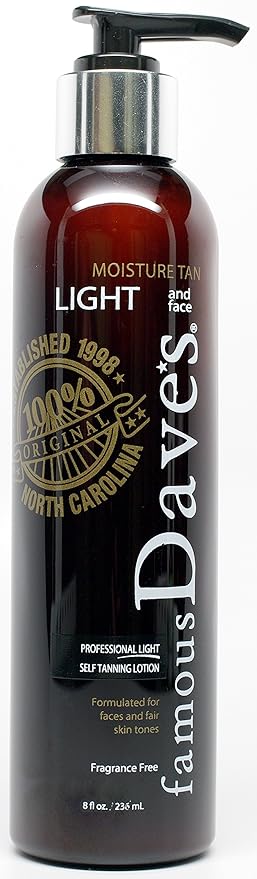 Fair Skin and Face Self Tanner - America's 20,000 Testimonial Famous Dave's Moisture Tan Light 8 Fl Oz. Professional Tanning Lotion for Body and Face - Waterproof
