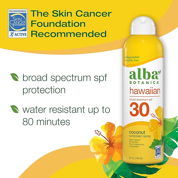Alba Botanica Sunscreen Spray for Face and Body, Broad Spectrum SPF 30 Sunscreen, Hawaiian Coconut, Water Resistant and Biodegradable, 5 fl. oz. Bottle