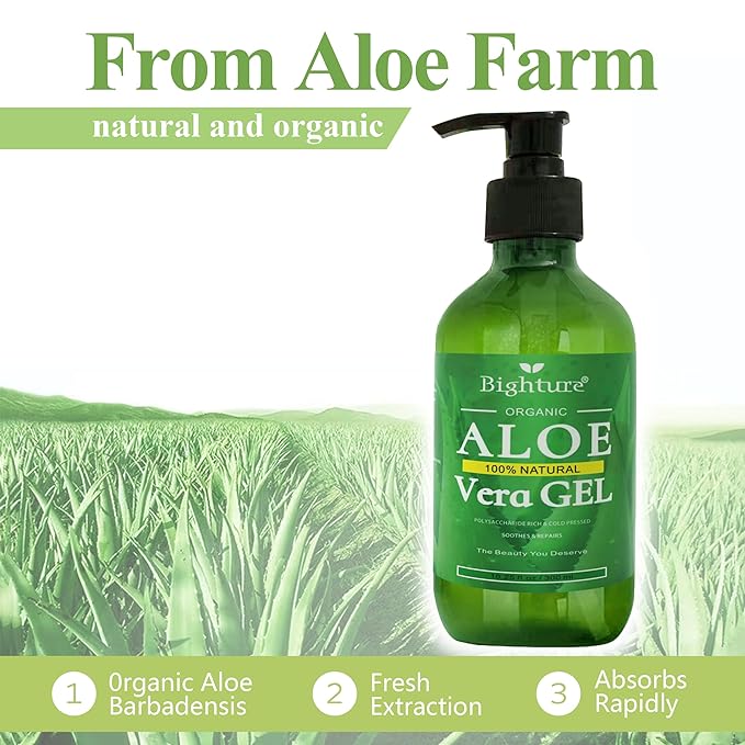 Aloe Vera Gel, 100% Aloe Vera Organic from Freshly Cut Aloe Leaves, Skin Care for Deeply & Rapidly Soothing, Firming, After Shave, Sunburn Relieve, etc