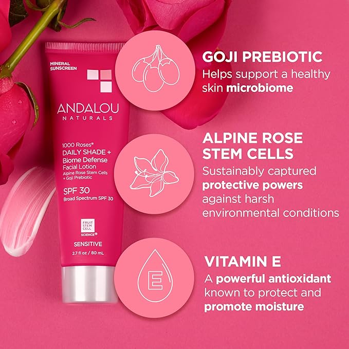 Andalou Naturals Daily Shade Face Sunscreen, 1000 Roses, SPF 30 Mineral Sunscreen with Zinc Oxide, Skin Barrier Defense + Broad Spectrum Protection, Gentle & Soothing, for Sensitive Skin - 2.7 Fl Oz