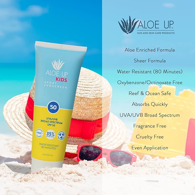 Aloe Up Kids Sport Sunscreen Lotion SPF 50 - Broad Spectrum Sheer Face and Body Sunscreen Protector for Sensitive Skin - With Aloe Vera Gel - Dries Fast - Reef Safe - Fragrance-Free - 6 Oz