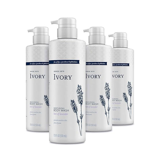 Ivory Sensitive Skin Moisturizing Body Wash, Hint of Lavender, 17.9 Fl Oz (Pack of 4)