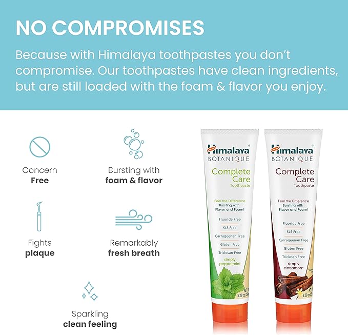 Himalaya Botanique Complete Care Toothpaste, Peppermint and Cinnamon - Fluoride Free Toothpaste for Clean Teeth & Fresh Breath - Vegan, Gluten Free, No Artificial Flavors, 5.29 oz (Pack of 2)