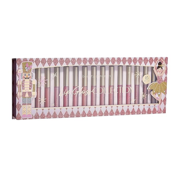 Beauty Concept 15-Piece Lip Gloss Set - Radiant Lips with Glossy Heavy Embossing, Shiny Gold Foil Stamping - 0.7 fl oz Each in Pink Nutcracker