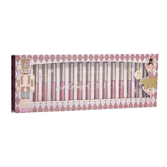 Beauty Concept 15-Piece Lip Gloss Set - Radiant Lips with Glossy Heavy Embossing, Shiny Gold Foil Stamping - 0.7 fl oz Each in Pink Nutcracker