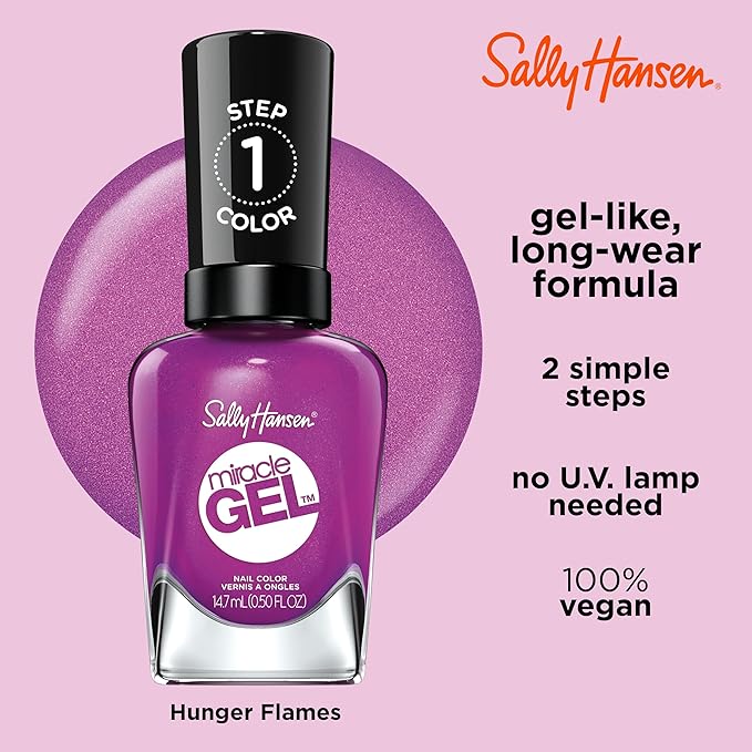 Sally Hansen Miracle Gel™, Hunger Flames, Long Lasting, Gel-Like Formula, No UV Lamp Needed, Purple Nail Polish (Pack of 2)