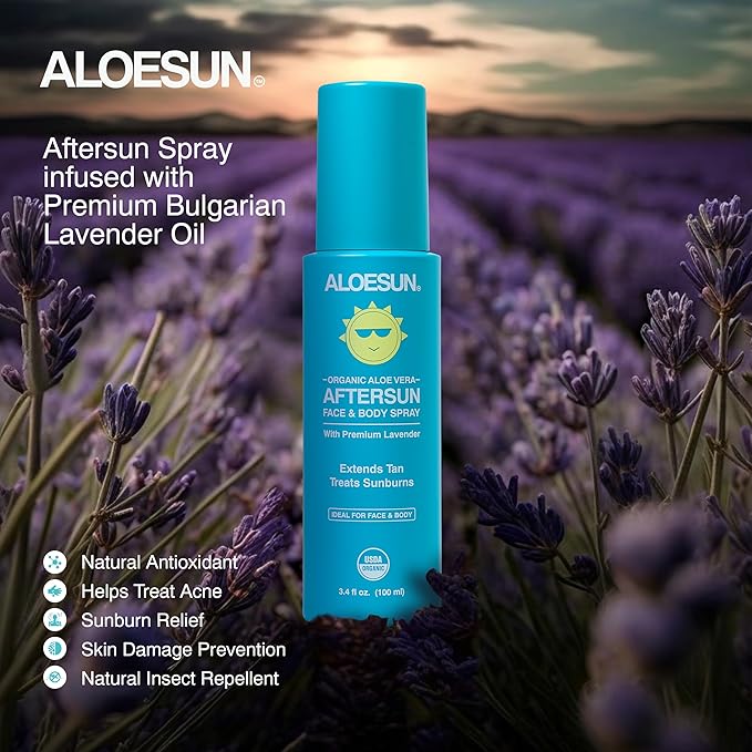 After Sun Face and Body Spray | Organic Aloe Vera Gel with Pure Lavender Essential Oil | Sunburn Relief Natural Aftersun Skin Moisturizer | Tanning Redness Treatment | Travel Size 3.4 Fl Oz