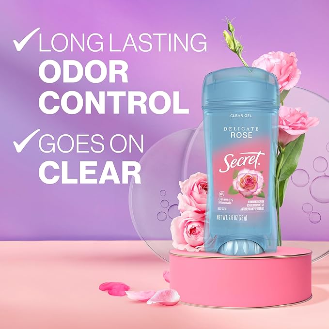 Secret Fresh Antiperspirant Deodorant for Women, 72hr Breathable Sweat & Odor Protection, Instant Freshness & Gentle, PH Balancing Minerals, Clear Gel, Delicate Rose Scent, 2.6 oz (Pack of 2)