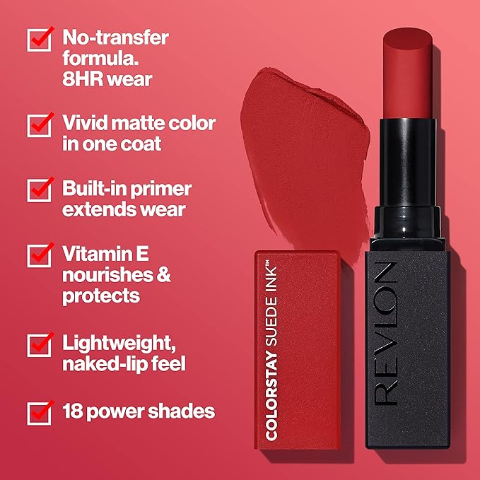 REVLON Lipstick, ColorStay Suede Ink, Built-in Primer, Infused with Vitamin E, Waterproof, Smudge-proof, Matte Color, 009 In Charge, 0.09 oz.