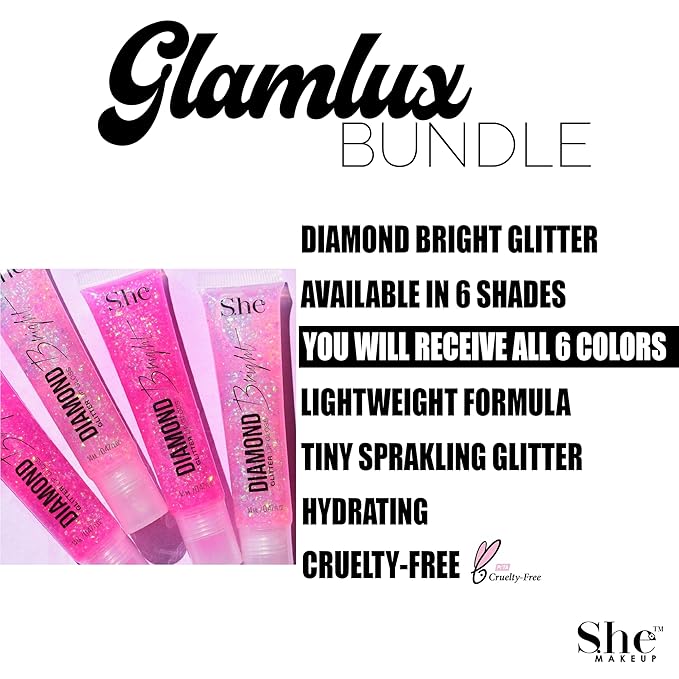 Beauty Bundle She Diamond Glitter Lip Gloss Bright High Shine Glitter Holographic Long Lasting Non-Sticky Formula Gifts for Girls, Teens, Tweens & Women
