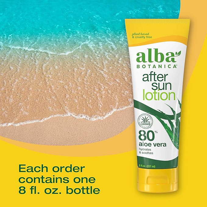 Alba Botanica Aloe Vera Lotion for Skin, Soothing After Sun Treatment for Face and Body, Made with Purity Certified 80% Aloe Vera Gel Formula, 8 fl. oz. Tube (Pack of 2)