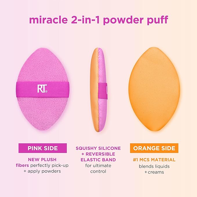 Real Techniques Miracle 2-In-1 Powder Puff, Dual-Sided, Full-Size Makeup Blending Puff, Reversible Elastic Band, Precision Tip Makeup Sponge & Powder Puff, For Liquid, Cream & Powder, 1 Count