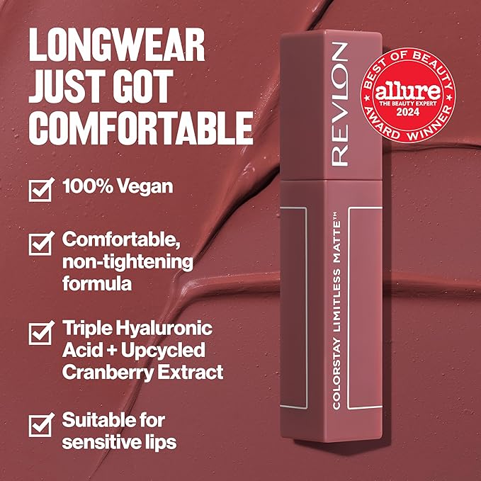 Revlon ColorStay Limitless Matte Liquid Lipstick, Vegan Formula, No-Budge, Longwear Lip Color, Long Lasting, Lightweight/Comfortable, Waterproof, 006 Manifest, 0.17 fl oz