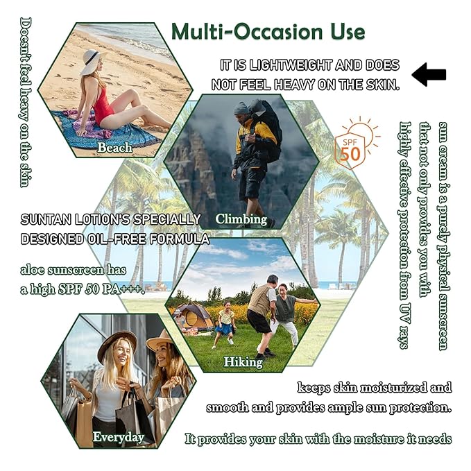 2PCS Aloe Vera Sunscreen SPF 50 PA+++,Moisturizing Long Lasting Non-Greasy Aloe Vera Sun Cream for Face & Body