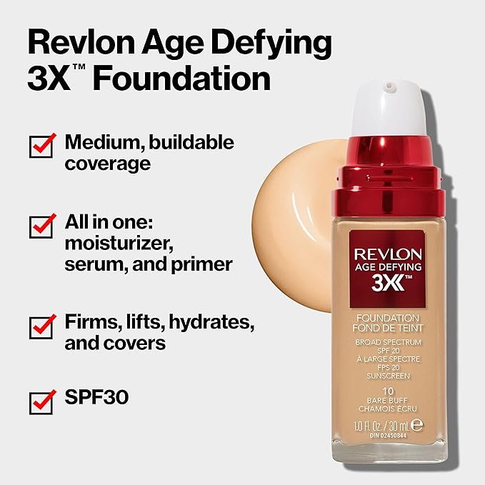 Revlon Liquid Foundation, Age Defying 3XFace Makeup, Anti-Aging Fl Oz