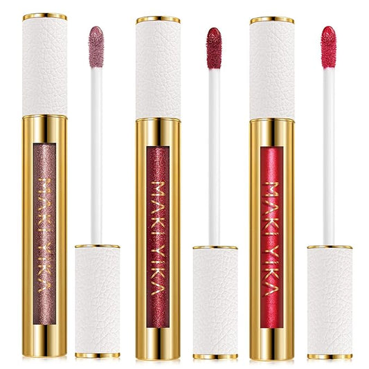 MAKI YIKA 3Pc Metallic Lipstick Long Lasting Nude Pink Red Glitter Lipsticks High Shine Lipstick No Smudge No Transfer Liquid Lip Gloss (Nude/Pink/Red)