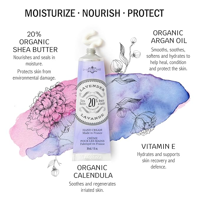 La Chatelaine 20% Shea Butter Hand Cream Travel Size, Organic Argan Oil, Moisturizing, Nourishing, Repairing, Extra-Rich Hand Lotion, Made in France, Paraben Free, 1 oz / 30ml (Lavender)