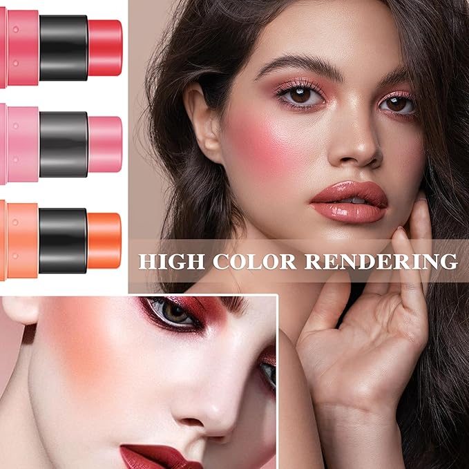 3 Pcs Cream Blush Stick with Brush,Waterproof Multi Cream Makeup Stick,Lightweight,Long-lasting,2 in 1 Multi Blush for Cheeks & Lip Tint & Eyeshadow Makeup,Suitable for All Skin