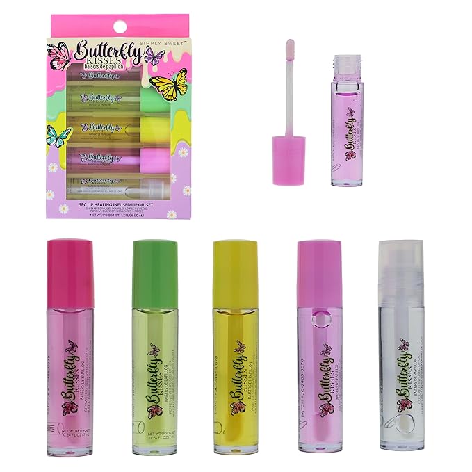 5pc Lip Oil Set - Butterfly Kisses Lip Oils, Lip Healing Lip Oil Collection with Precision Applicator Wand for Everyday Lip Care and Lip Repair (BUTTERFLY KISSES)