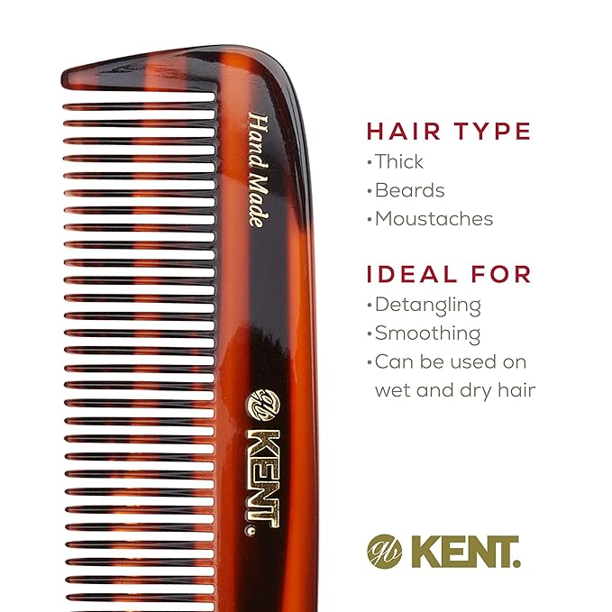 Kent 12T Wide Tooth Detangling Comb - 5.5" Handmade Pocket Comb for Thick, Curly, and Wavy Hair, Large Tooth Grooming Comb for Hair, Beard, and Mustache - Saw-Cut and Hand Polished