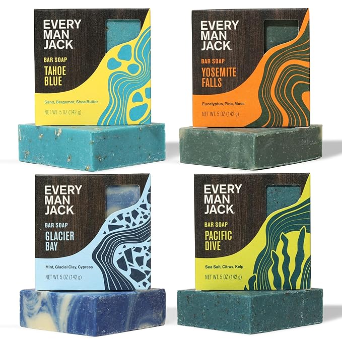 Every Man Jack Cold Plunge Mens Bar Soap Set - Deeply Cleans, Hydrates with Naturally Derived Ingredients - Iconic Cold Water Scents - Pacific Dive, Glacier Bay, Tahoe Blue, Yosemite Falls, 4 Bar Set