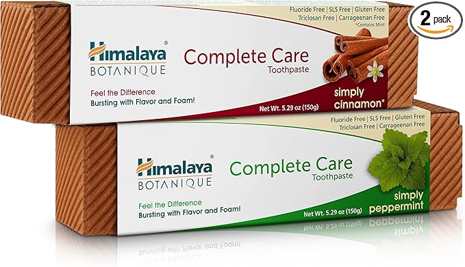 Himalaya Botanique Complete Care Toothpaste, Peppermint and Cinnamon - Fluoride Free Toothpaste for Clean Teeth & Fresh Breath - Vegan, Gluten Free, No Artificial Flavors, 5.29 oz (Pack of 2)