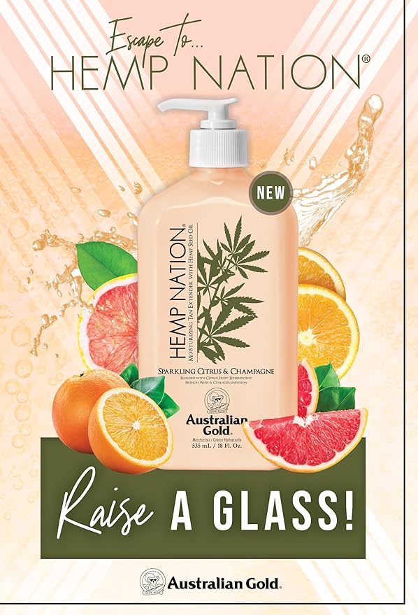 Australian Gold Hemp Nation Sparkling Citrus & Champagne Bundle - Tan Extender Body Lotion (18 FL Oz) & Body Wash (8 FL Oz), Effervescent Orange, Grapefruit & French Wine Extract, Pure Hemp Seed Oil