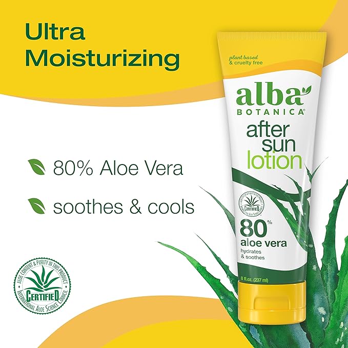 Alba Botanica Aloe Vera Lotion for Skin, Soothing After Sun Treatment for Face and Body, Made with Purity Certified 80% Aloe Vera Gel Formula, 8 fl. oz. Tube (Pack of 2)