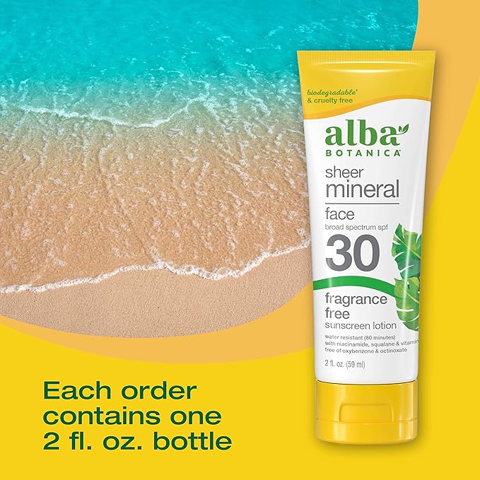 Alba Botanica Sunscreen for Face, Fragrance-Free Sheer Mineral Face Sunscreen Lotion, Broad Spectrum SPF 30, Water Resistant and Biodegradable, 2 fl. oz. Bottle