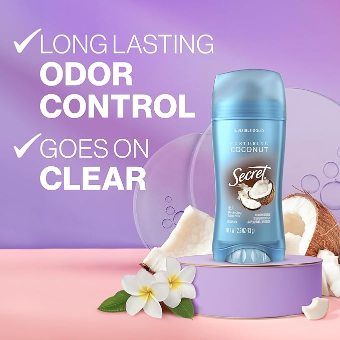 Secret Fresh Antiperspirant Deodorant for Women, 72hr Breathable Sweat & Odor Protection, Instant Freshness & Gentle, PH Balancing Mineral, Invisible Solid, Nurturing Coconut Scent, 2.6 oz (Pack of 3)