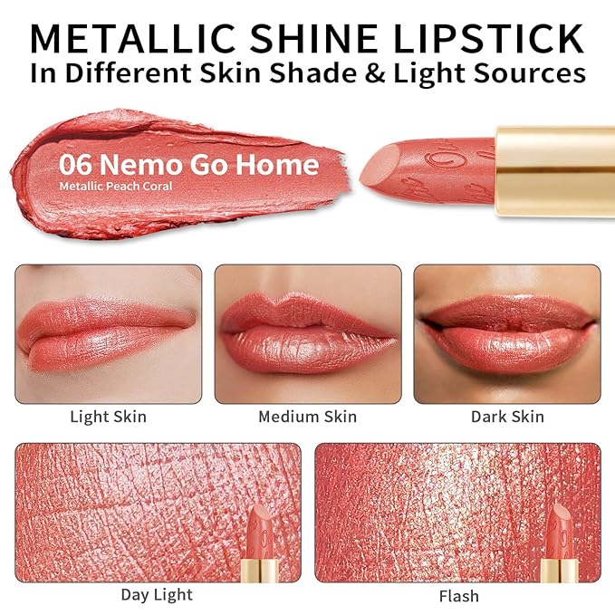 Oulac Coral Pink Lipstick for Women with Metallic 3D Shine Lightweight Hydrating Formula, High Impact Lip Color, Vegan Beauty, Full Coverage Lip Makeup, Christmas Gifts for Women, Nemo Go Home(06)