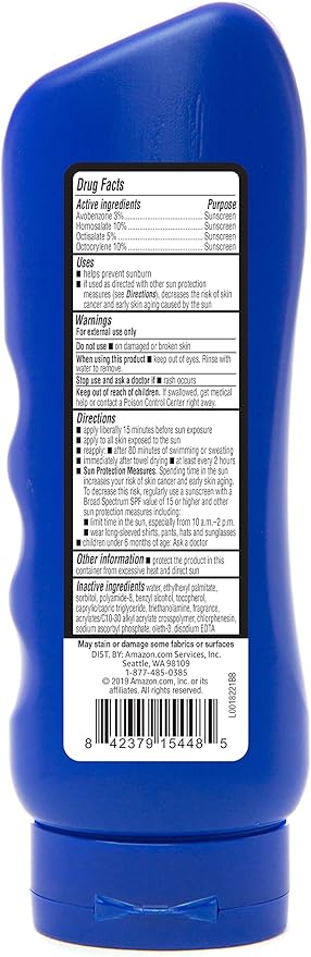 Amazon Brand - Solimo Sport Sunscreen Lotion, SPF 30, Formulated without Octinoxate & Oxybenzone, Broad Spectrum UVA/UVB Protection, unscented, 8 fl oz (Pack of 1)