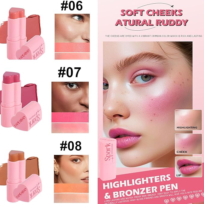 Heart Blush Stick, Matte Rouge Stick, Cheek Contour (02#, 0.) 21 OZ